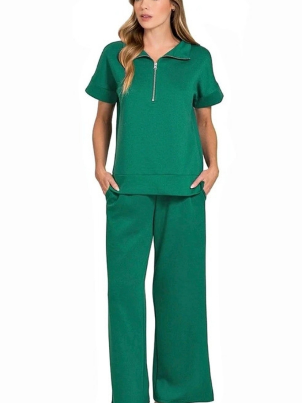 Zenana Scuba High Neck Half Zip Top & Pants Set Green